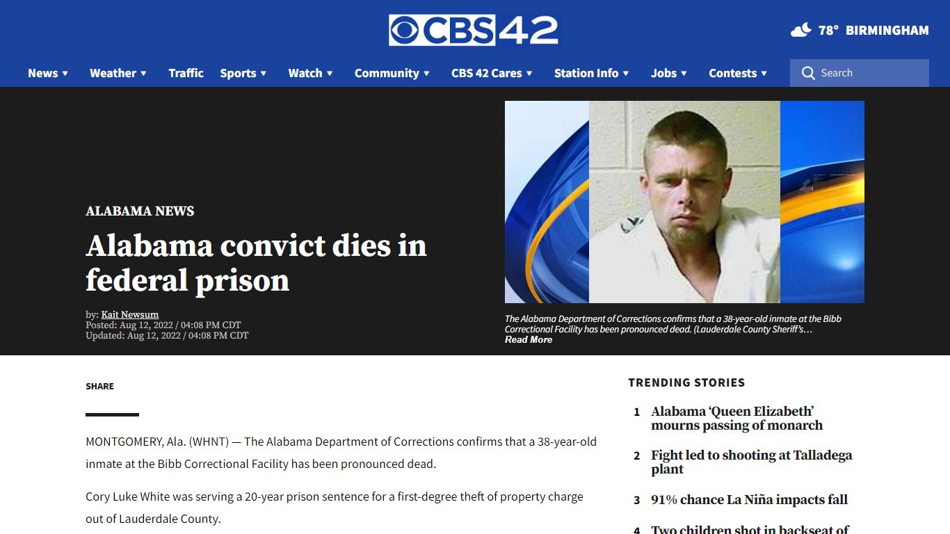 Alabama convict dies in federal prison - cbs42.com